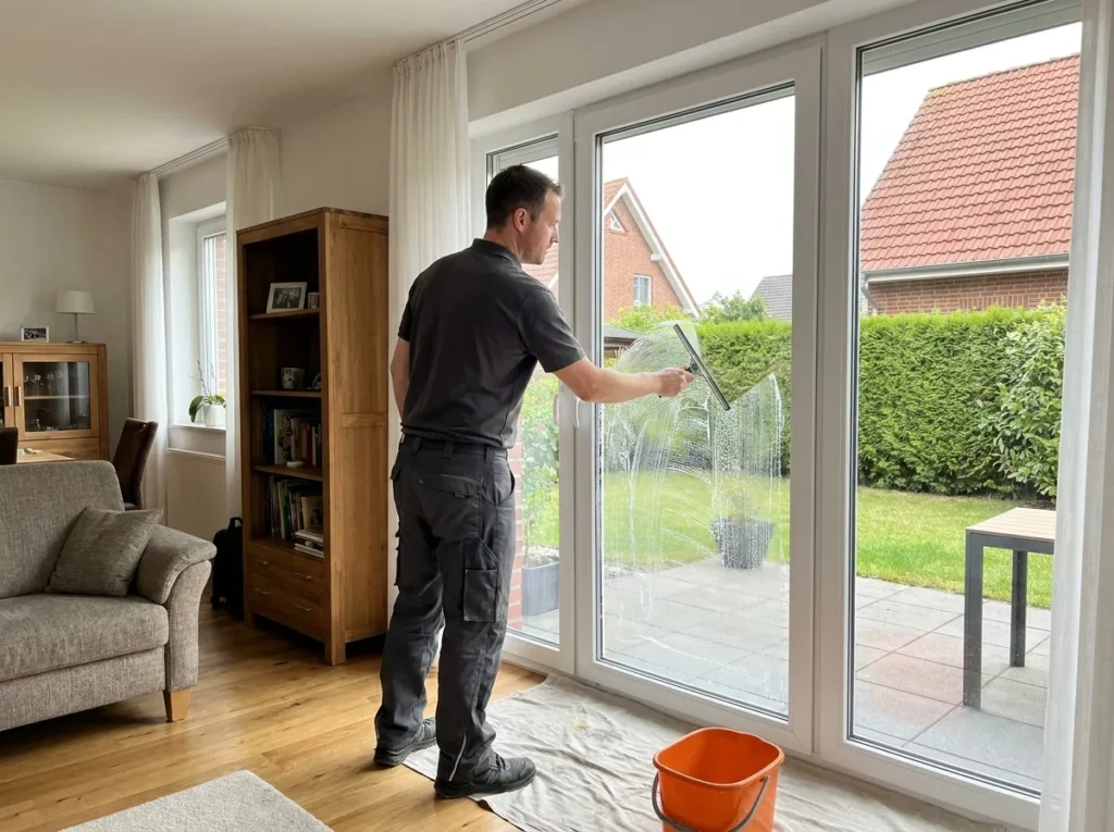 Fensterputzer reinigt ein bodentiefes Fenster eines Wohnhauses in Delbrück