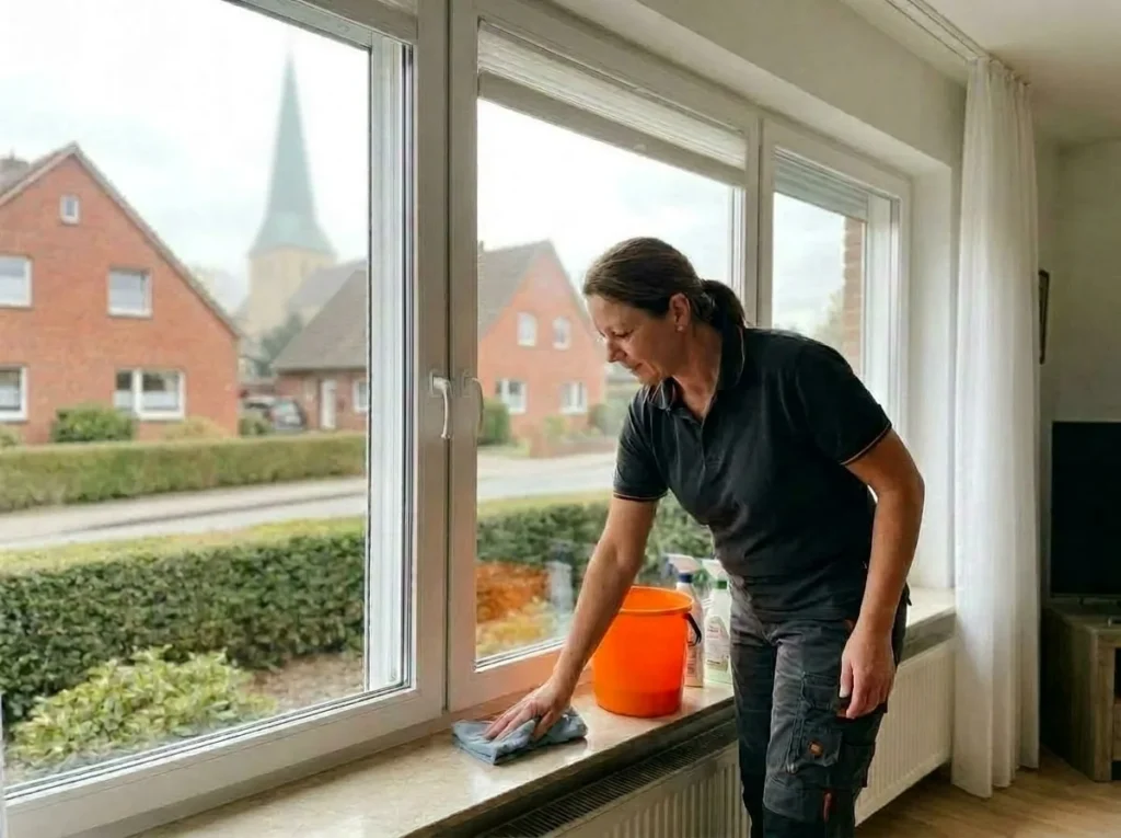 Reinigungskraft von FeenSauber wischt die Fensterbank in einem Wohnhaus in Delbrück, im Hintergrund der schiefe Turm