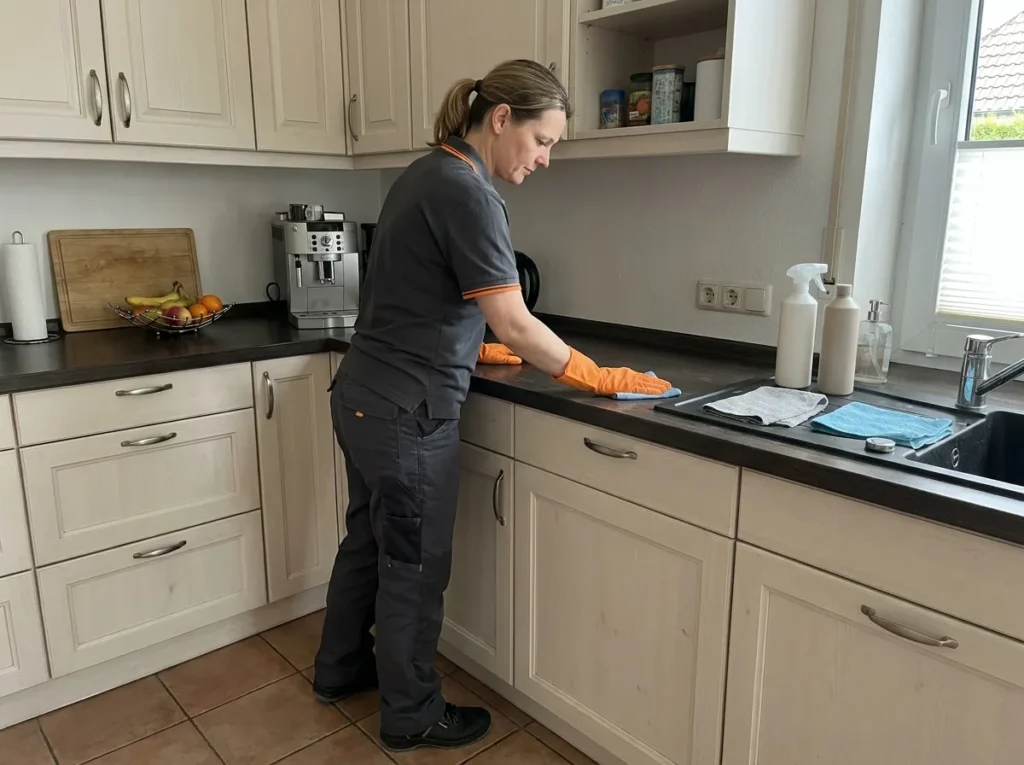 Reinigungskraft bei der Grundreinigung einer Küche in einer Wohnung in Geseke
