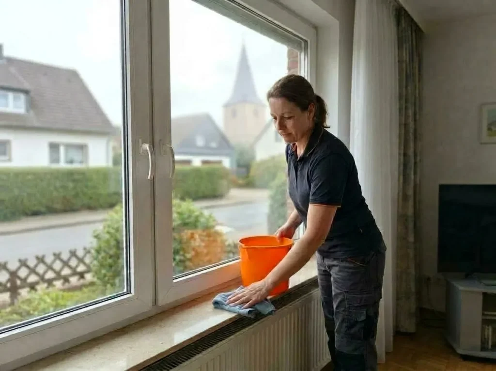 Reinigungskraft von FeenSauber wischt die Fensterbank in einem Wohnhaus in Geseke, im Hintergrund die Stiftskirche