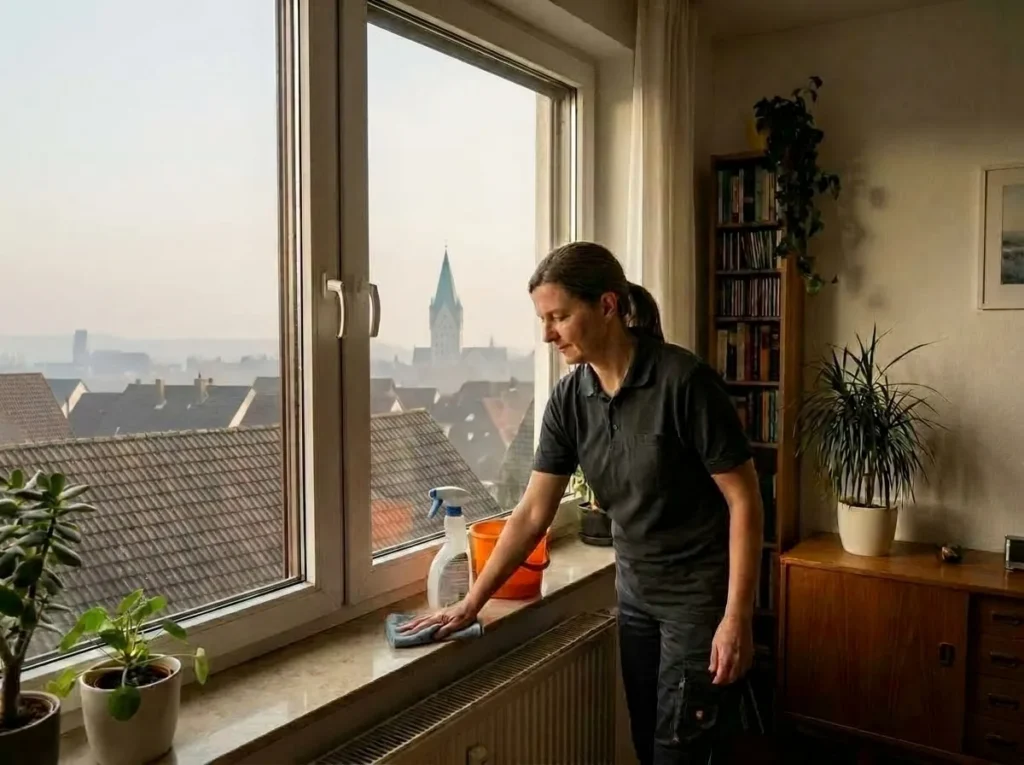 Reinigungskraft von FeenSauber wischt die Fensterbank, im Hintergrund der Paderborner Dom