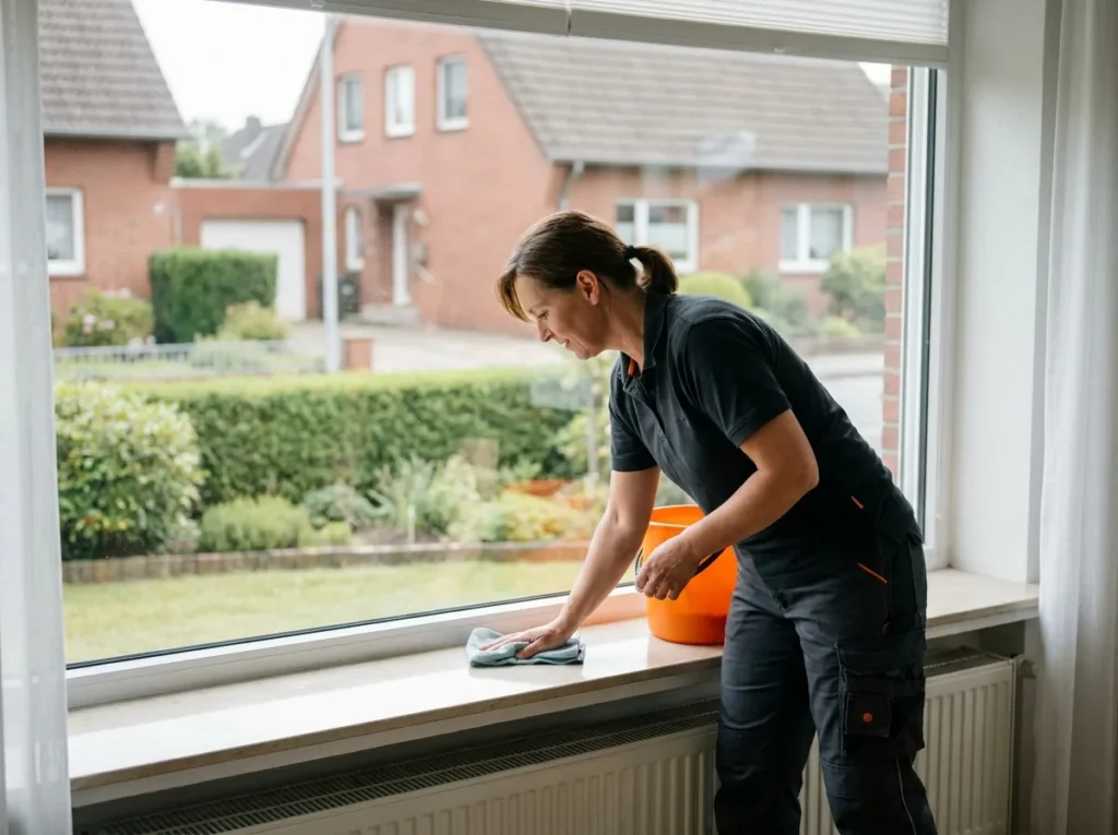 Fensterputzer von FeenSauber reinigt ein Fenster in einem Wohnhaus in Salzkotten