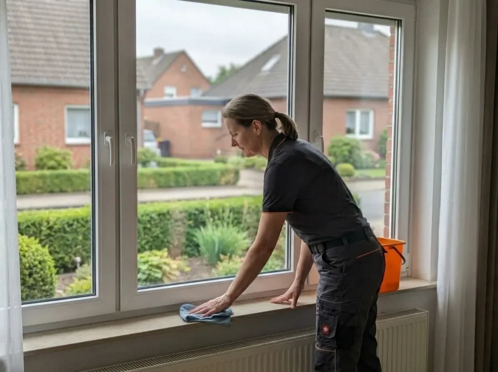 Reinigungskraft von FeenSauber wischt die Fensterbank in einem Wohnhaus in Verl